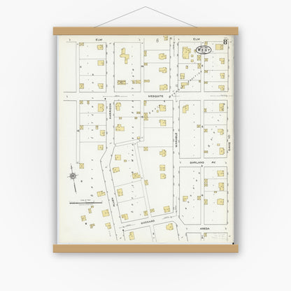 Old map wall art mockup — magnetic wood frame on white wall — Sanborn Fire Insurance Map from West, McLennan County, Texas (1921), Sheet #0008