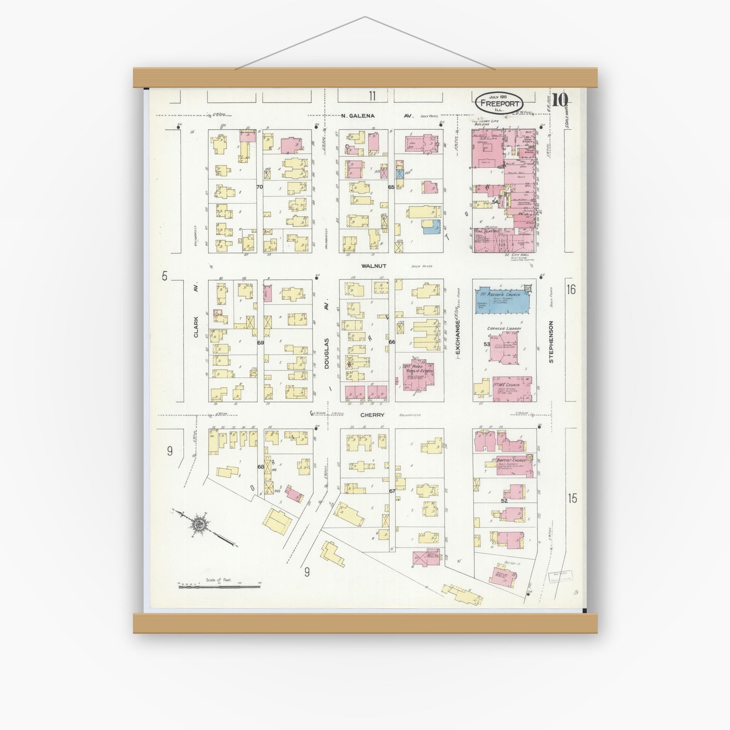 Old map wall art mockup — magnetic wood frame on white wall — Sanborn Fire Insurance Map from Freeport, Stephenson County, Illinois (1910), Sheet #0010