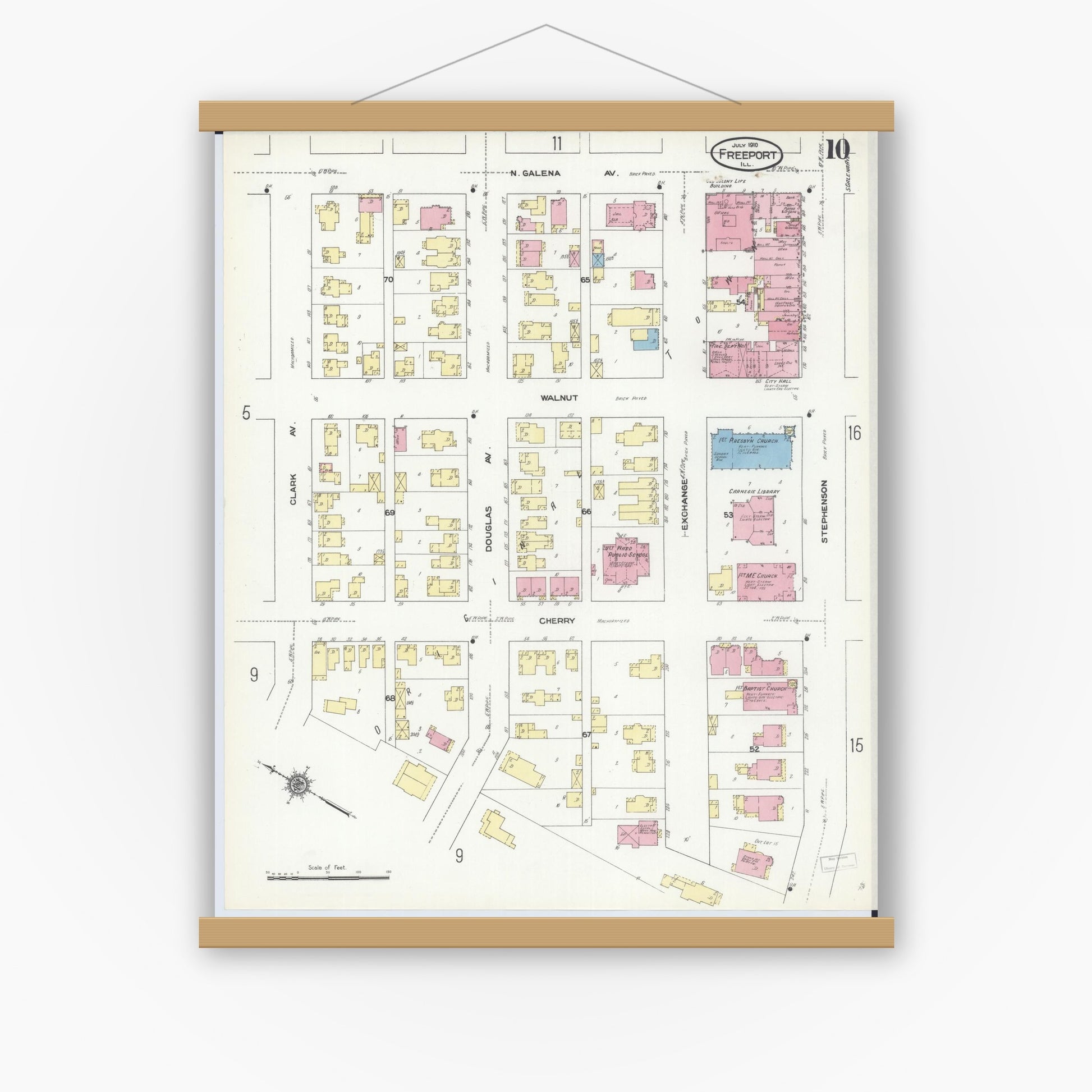 Old map wall art mockup — magnetic wood frame on white wall — Sanborn Fire Insurance Map from Freeport, Stephenson County, Illinois (1910), Sheet #0010