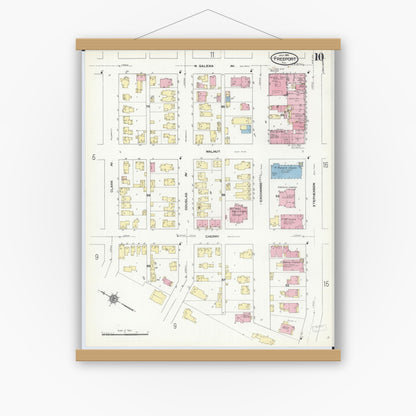 Old map wall art mockup — magnetic wood frame on white wall — Sanborn Fire Insurance Map from Freeport, Stephenson County, Illinois (1910), Sheet #0010
