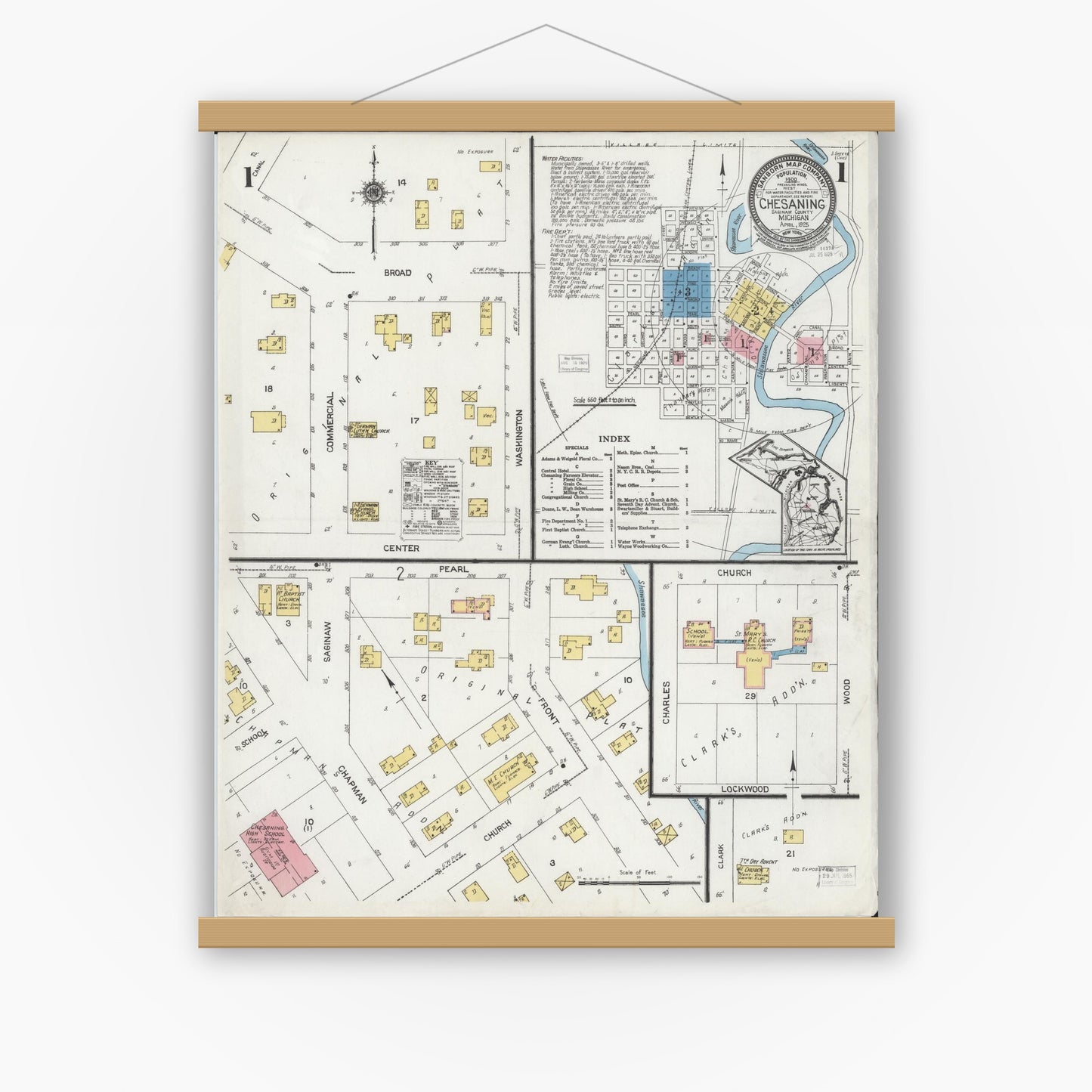 Old map wall art mockup — magnetic wood frame on white wall — Sanborn Fire Insurance Map from Chesaning, Saginaw County, Michigan (1925) - Complete Map Set