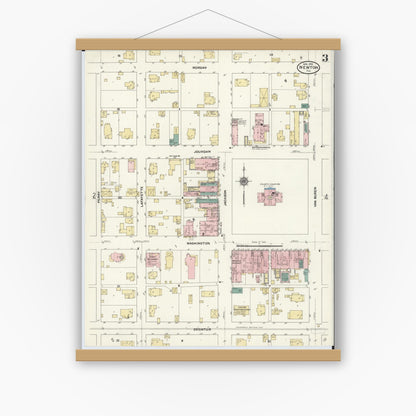 Old map wall art mockup — magnetic wood frame on white wall — Sanborn Fire Insurance Map from Newton, Jasper County, Illinois (1910), Sheet #0003