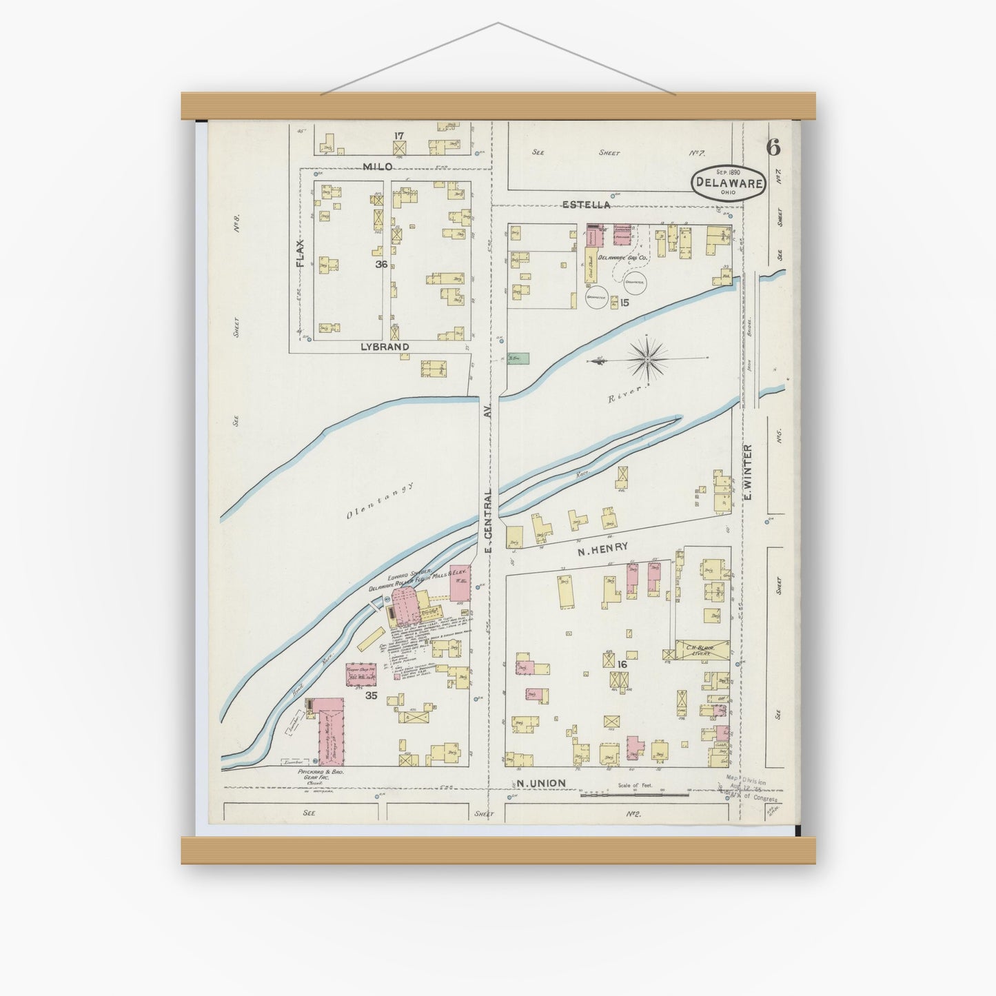 Old map wall art mockup — magnetic wood frame on white wall — Sanborn Fire Insurance Map from Delaware, Delaware County, Ohio (1890), Sheet #0006
