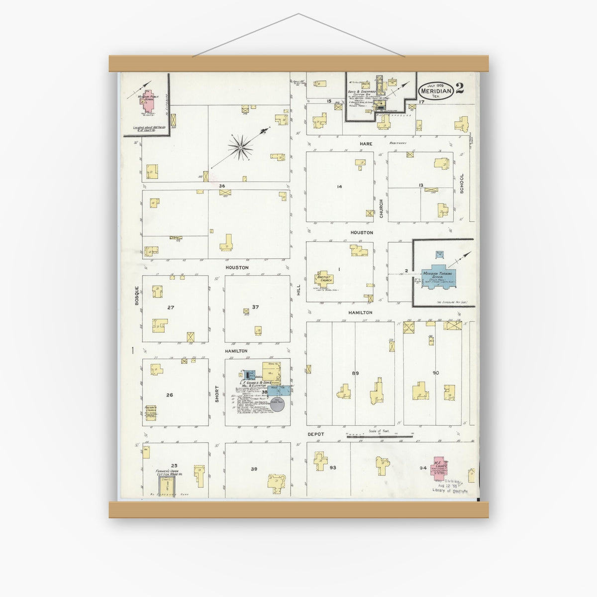 Old map wall art mockup — magnetic wood frame on white wall — Sanborn Fire Insurance Map from Meridian, Bosque County, Texas (1909), Sheet #0002