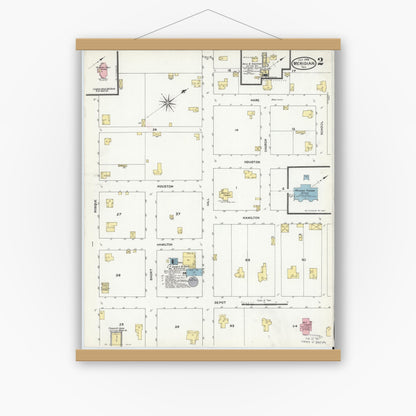 Old map wall art mockup — magnetic wood frame on white wall — Sanborn Fire Insurance Map from Meridian, Bosque County, Texas (1909), Sheet #0002
