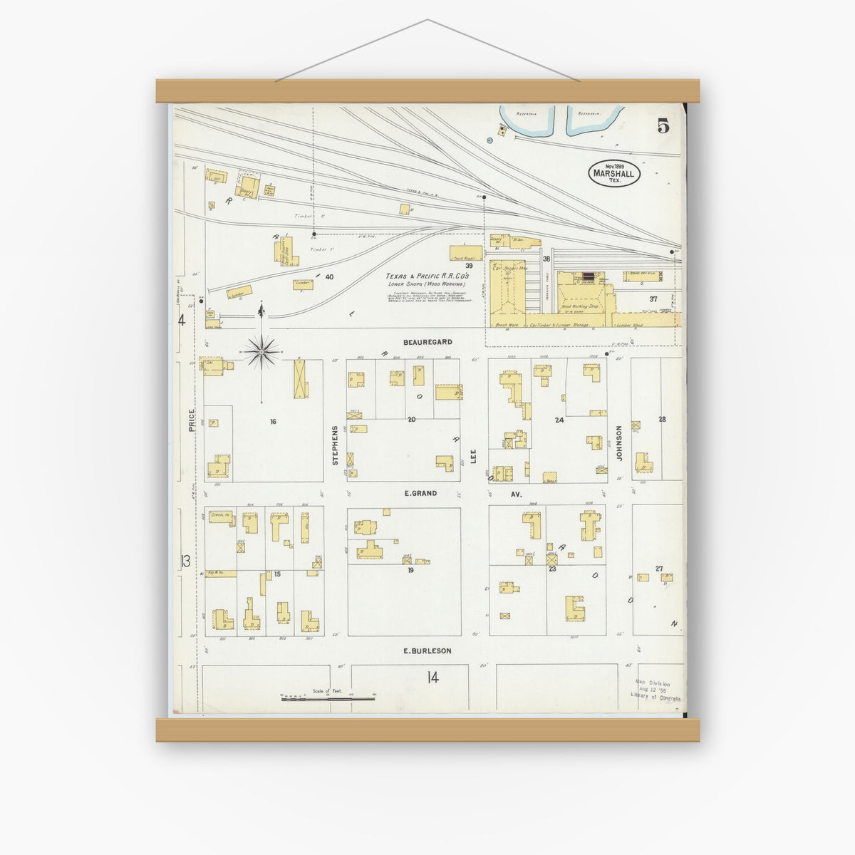 Old map wall art mockup — magnetic wood frame on white wall — Sanborn Fire Insurance Map from Marshall, Harrison County, Texas (1899), Sheet #0005