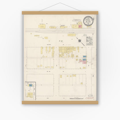 Old map wall art mockup — magnetic wood frame on white wall — Sanborn Fire Insurance Map from Del Rey, Fresno County, California (1917), Sheet #0001