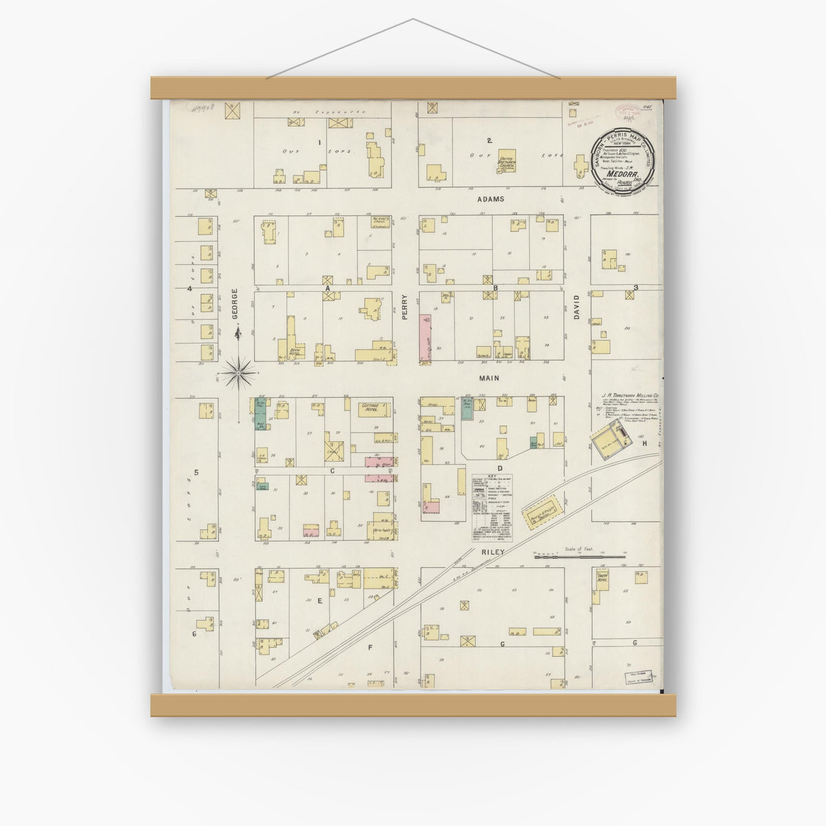 Old map wall art mockup — magnetic wood frame on white wall — Sanborn Fire Insurance Map from Medora, Jackson County, Indiana (1895), Sheet #0001
