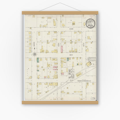 Old map wall art mockup — magnetic wood frame on white wall — Sanborn Fire Insurance Map from Medora, Jackson County, Indiana (1895), Sheet #0001