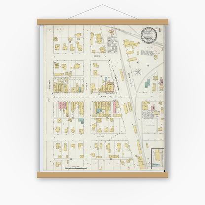 Old map wall art mockup — magnetic wood frame on white wall — Sanborn Fire Insurance Map from Edmore, Montcalm County, Michigan (1894), Sheet #0001