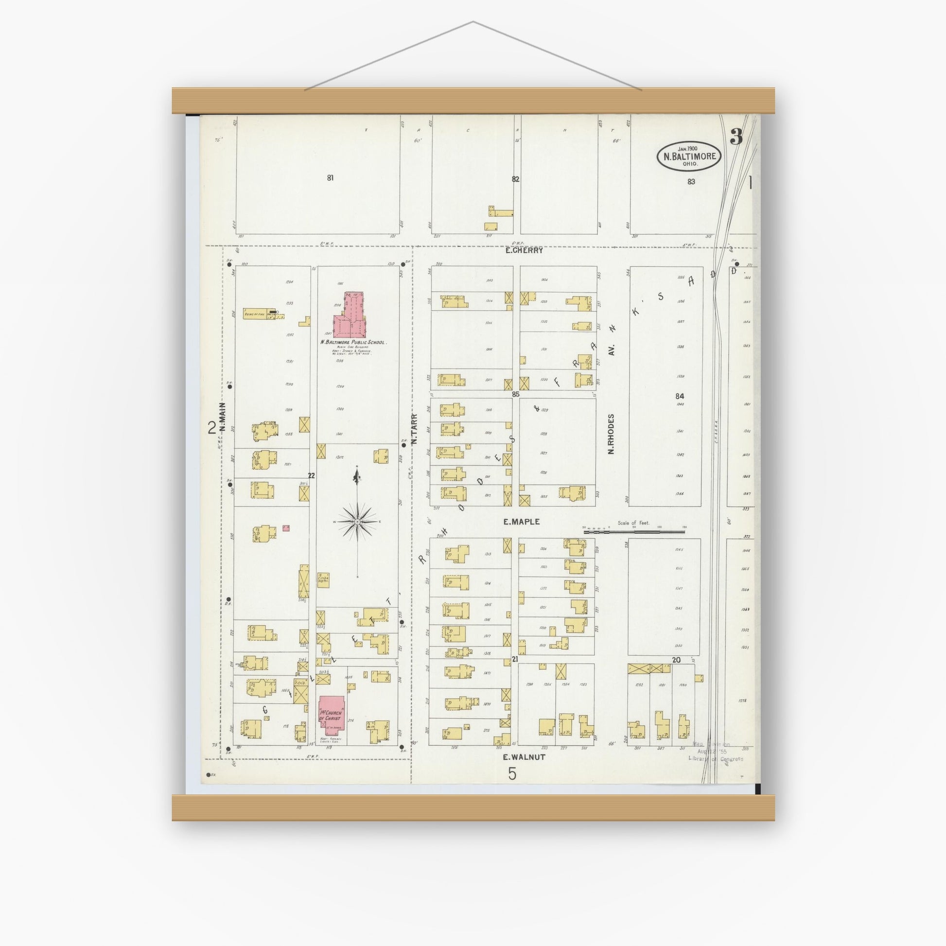 Old map wall art mockup — magnetic wood frame on white wall — Sanborn Fire Insurance Map from North Baltimore, Wood County, Ohio (1900), Sheet #0003