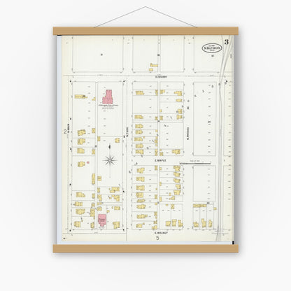 Old map wall art mockup — magnetic wood frame on white wall — Sanborn Fire Insurance Map from North Baltimore, Wood County, Ohio (1900), Sheet #0003