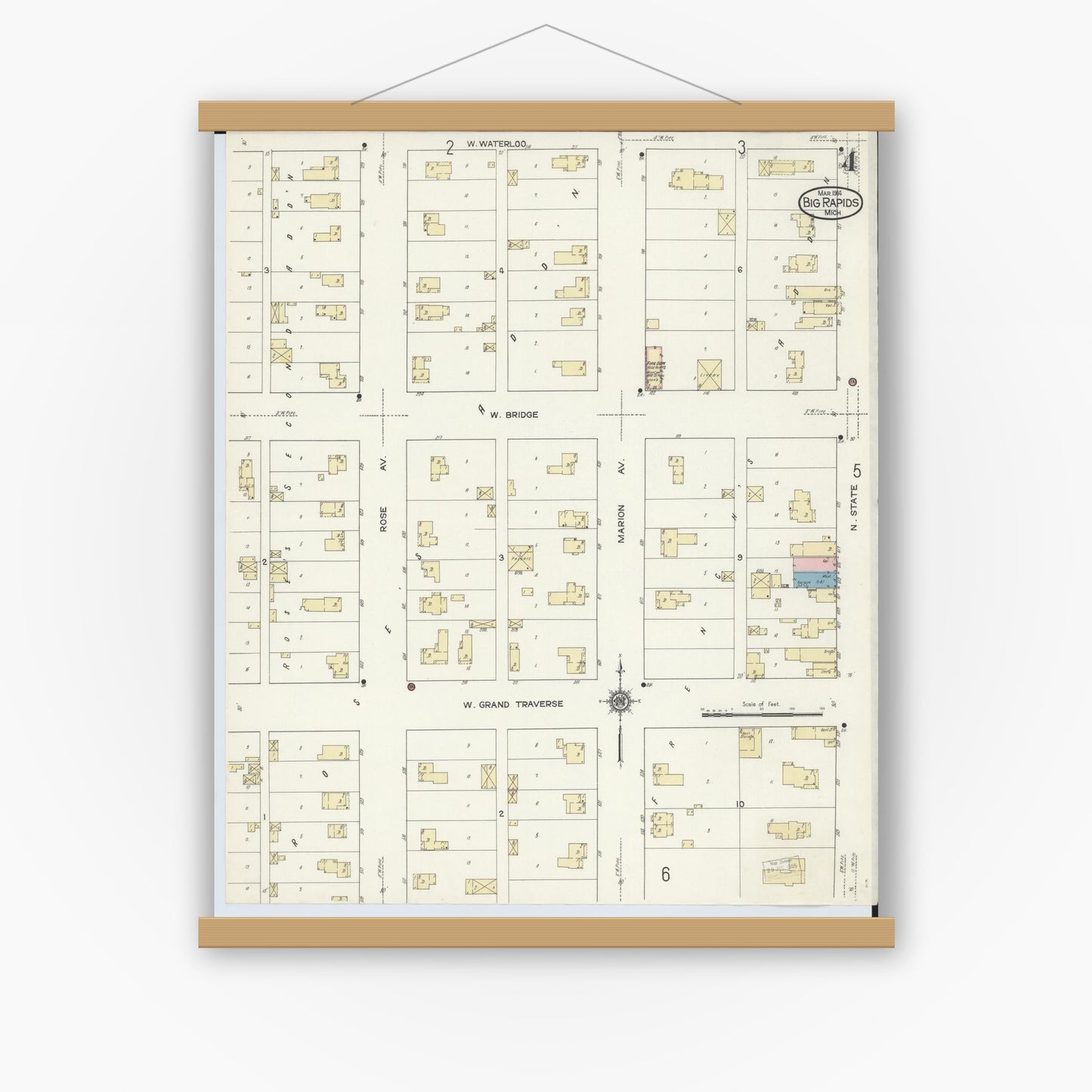 Old map wall art mockup — magnetic wood frame on white wall — Sanborn Fire Insurance Map from Big Rapids, Mecosta County, Michigan (1914), Sheet #0004