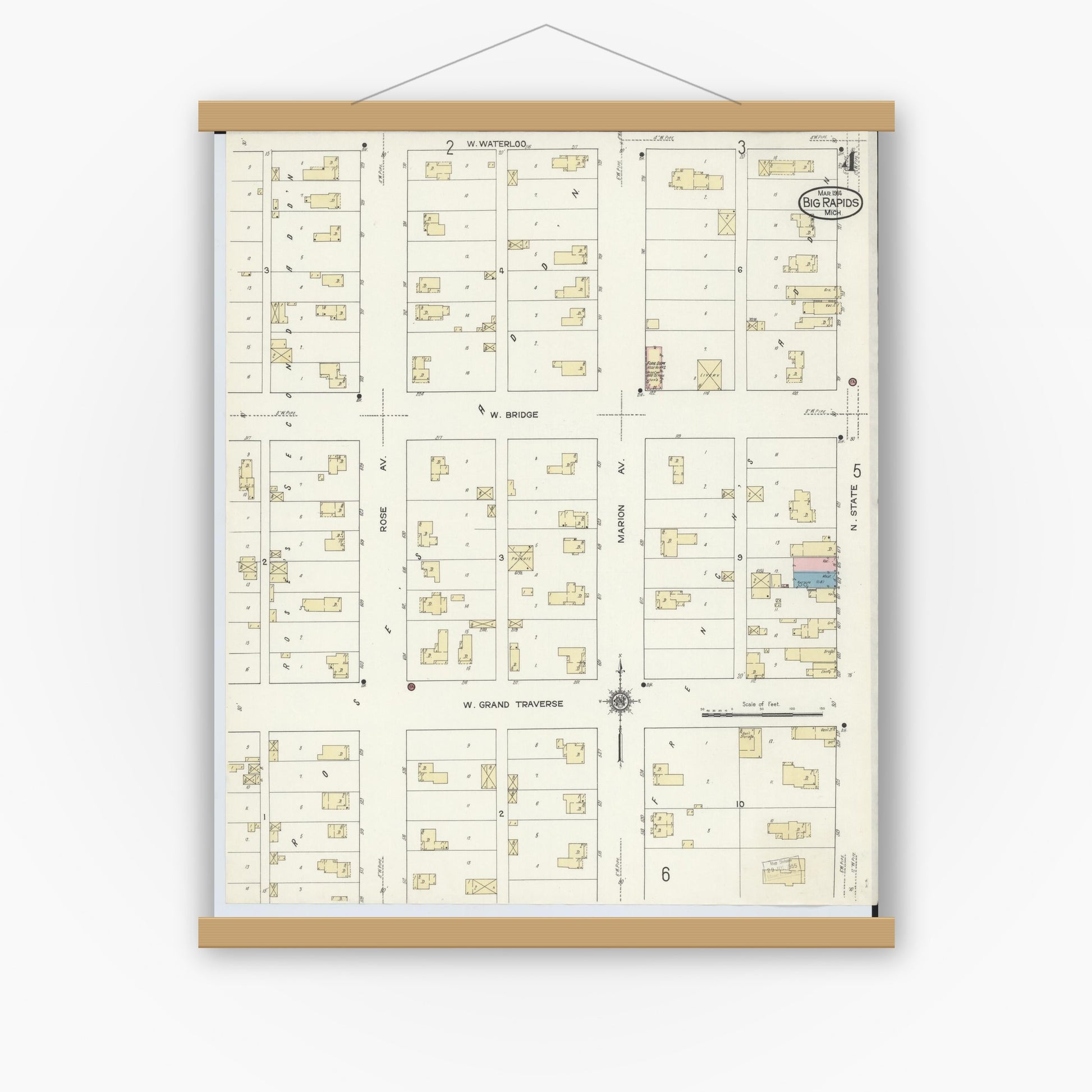 Old map wall art mockup — magnetic wood frame on white wall — Sanborn Fire Insurance Map from Big Rapids, Mecosta County, Michigan (1914), Sheet #0004