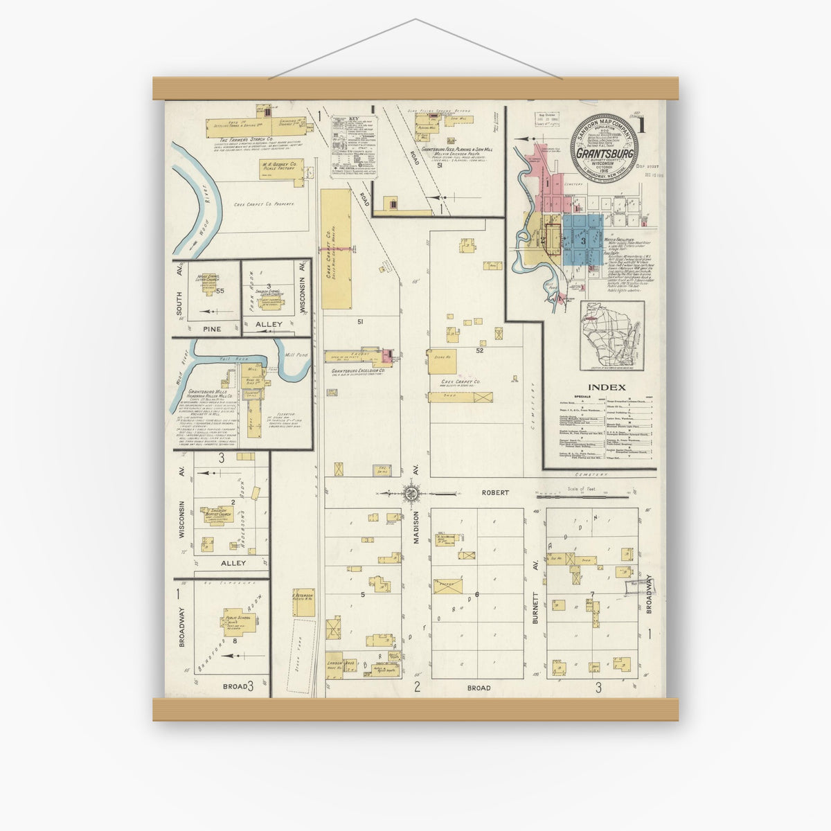 Old map wall art mockup — magnetic wood frame on white wall — Sanborn Fire Insurance Map from Grantsburg, Burnett County, Wisconsin (1916), Sheet #0001