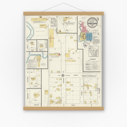 Old map wall art mockup — magnetic wood frame on white wall — Sanborn Fire Insurance Map from Grantsburg, Burnett County, Wisconsin (1916), Sheet #0001