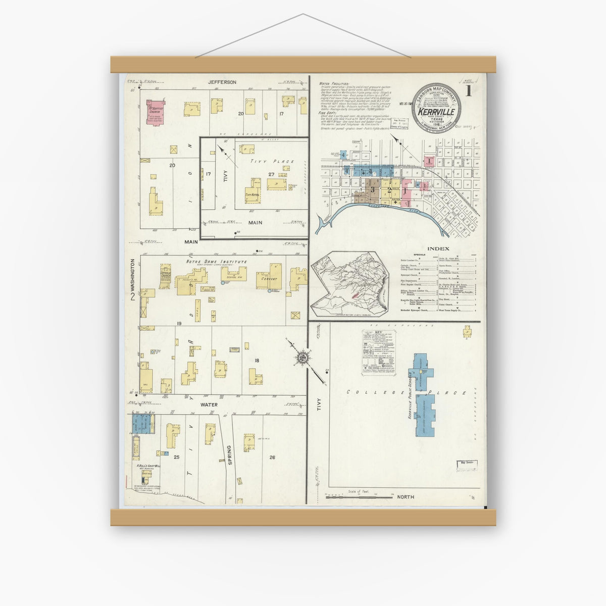 Old map wall art mockup — magnetic wood frame on white wall — Sanborn Fire Insurance Map from Kerrville, Kerr County, Texas (1916) - Complete Map Set