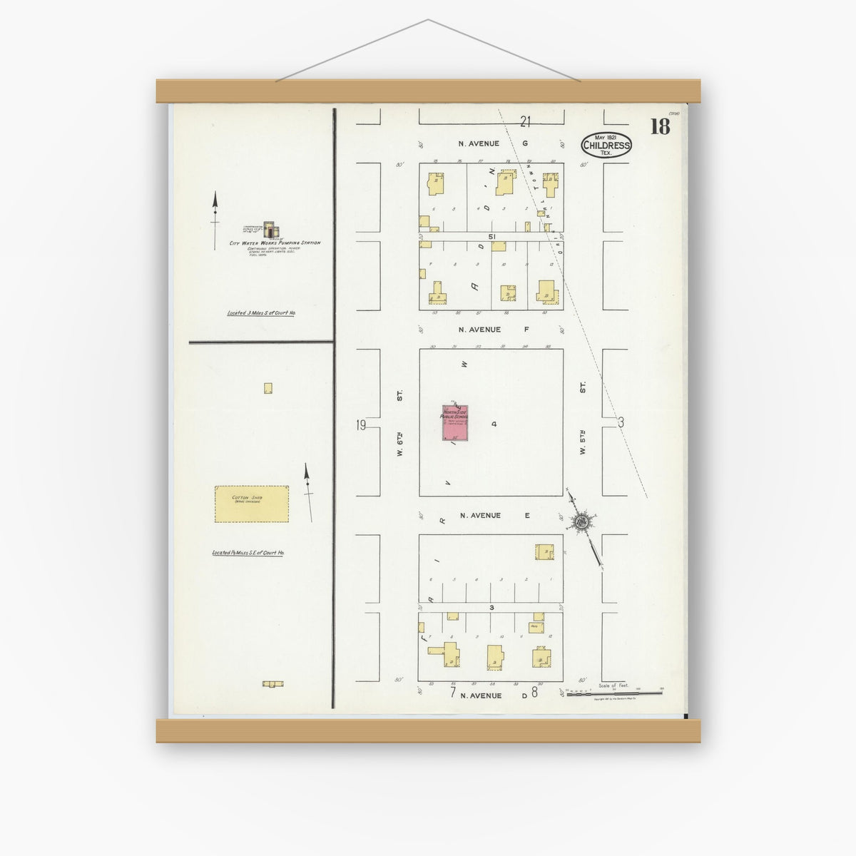 Old map wall art mockup — magnetic wood frame on white wall — Sanborn Fire Insurance Map from Childress, Childress County, Texas (1921), Sheet #0018