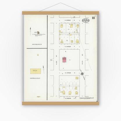 Old map wall art mockup — magnetic wood frame on white wall — Sanborn Fire Insurance Map from Childress, Childress County, Texas (1921), Sheet #0018