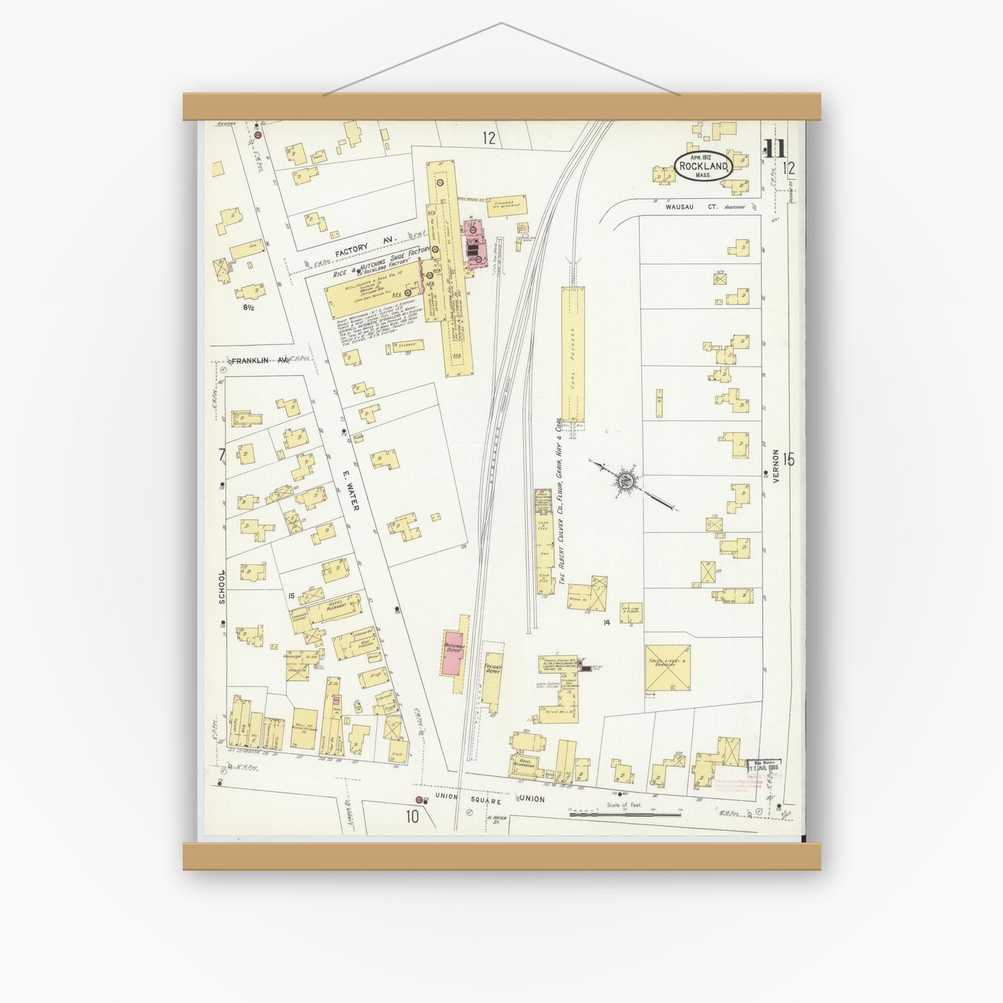 Old map wall art mockup — magnetic wood frame on white wall — Sanborn Fire Insurance Map from Rockland, Plymouth County, Massachusetts (1912), Sheet #0011