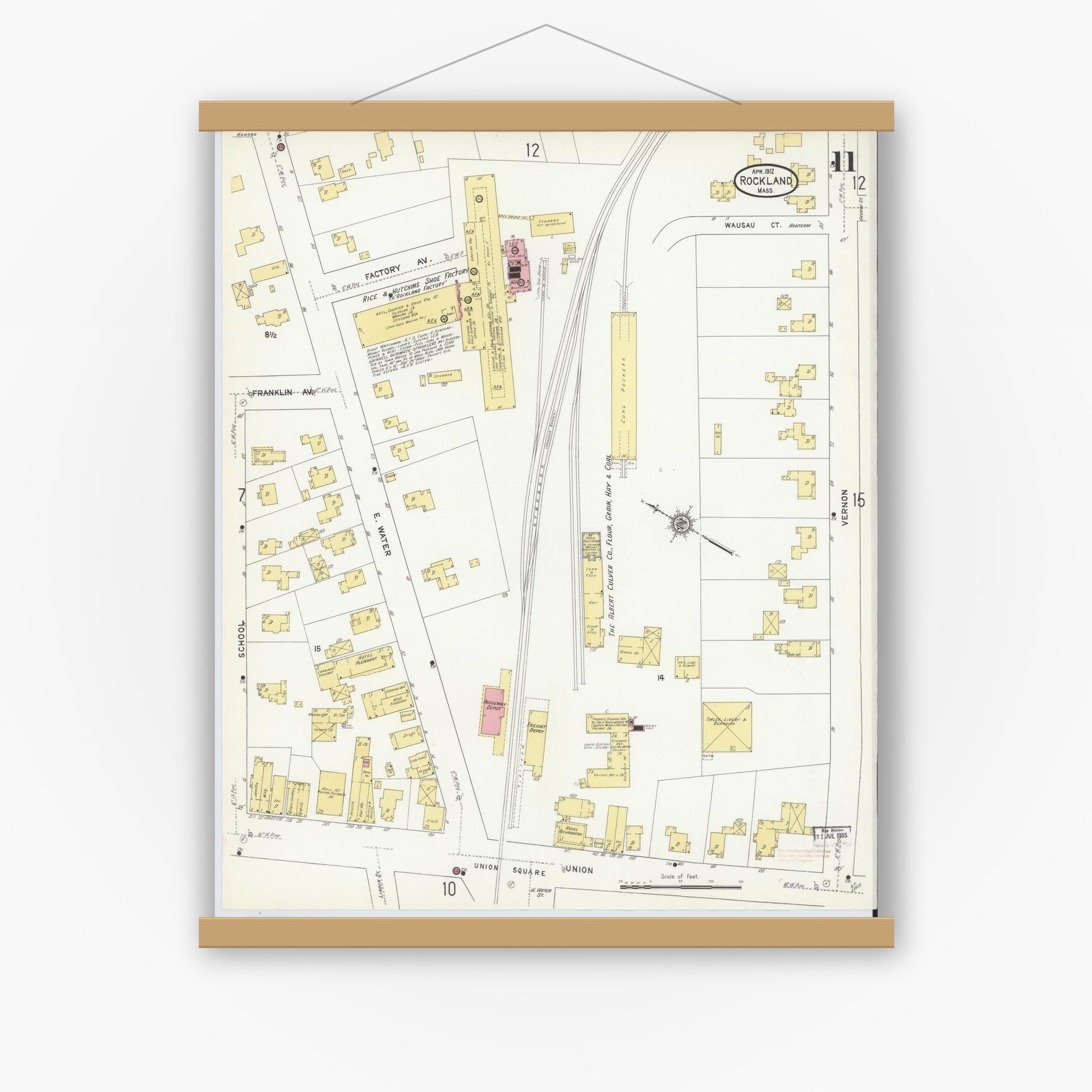 Old map wall art mockup — magnetic wood frame on white wall — Sanborn Fire Insurance Map from Rockland, Plymouth County, Massachusetts (1912), Sheet #0011