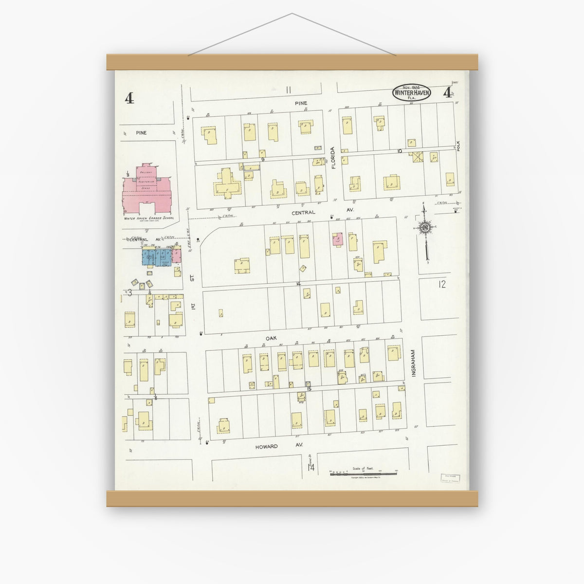 Old map wall art mockup — magnetic wood frame on white wall — Sanborn Fire Insurance Map from Winter Haven, Polk County, Florida (1924), Sheet #0004