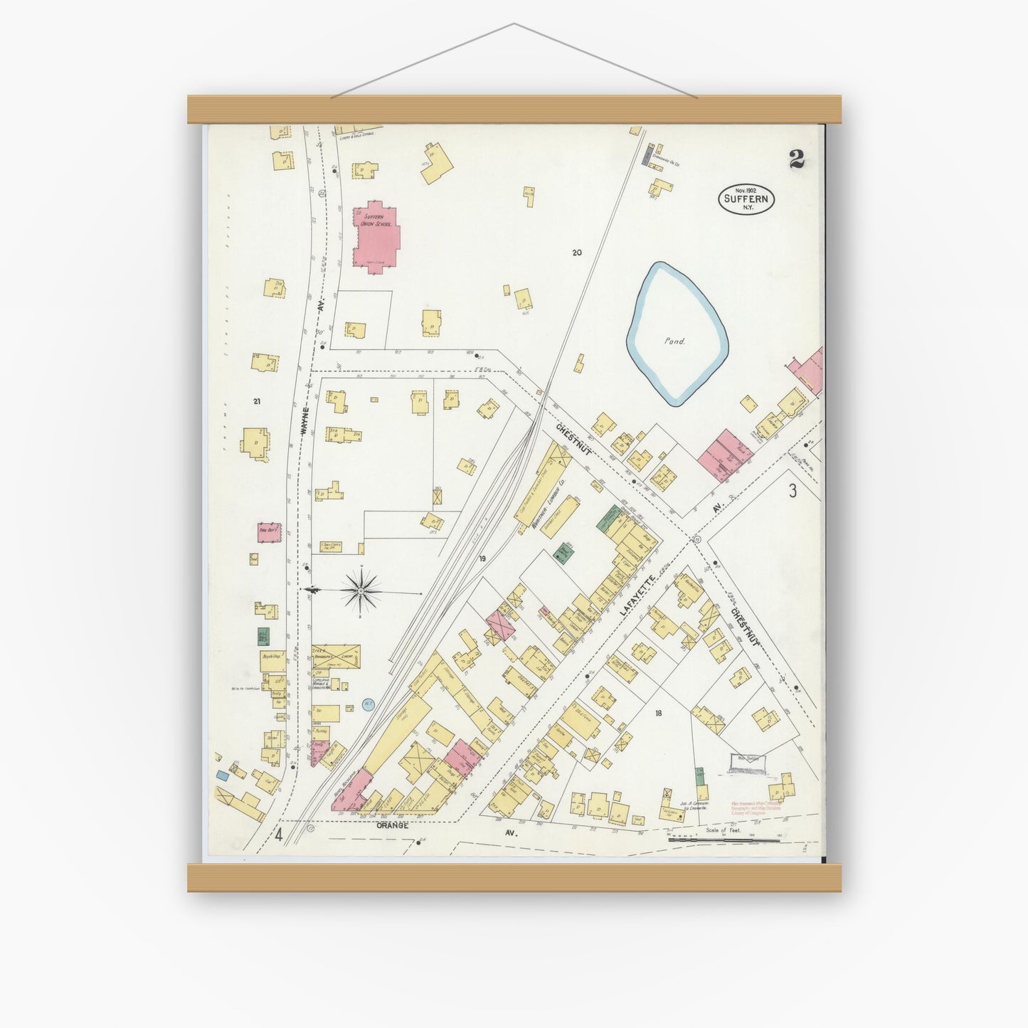 Old map wall art mockup — magnetic wood frame on white wall — Sanborn Fire Insurance Map from Suffern, Rockland County, New York (1902), Sheet #0002