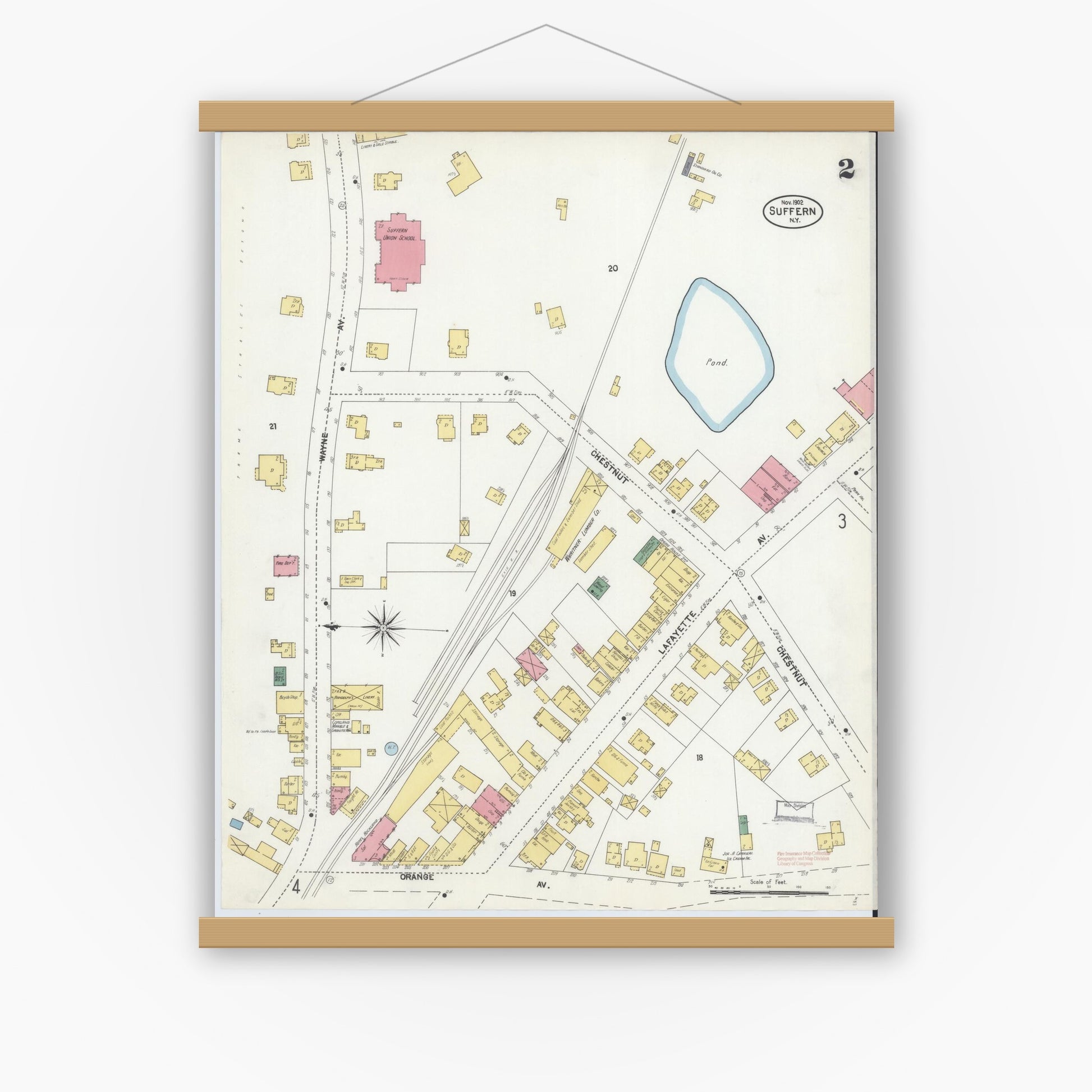 Old map wall art mockup — magnetic wood frame on white wall — Sanborn Fire Insurance Map from Suffern, Rockland County, New York (1902), Sheet #0002