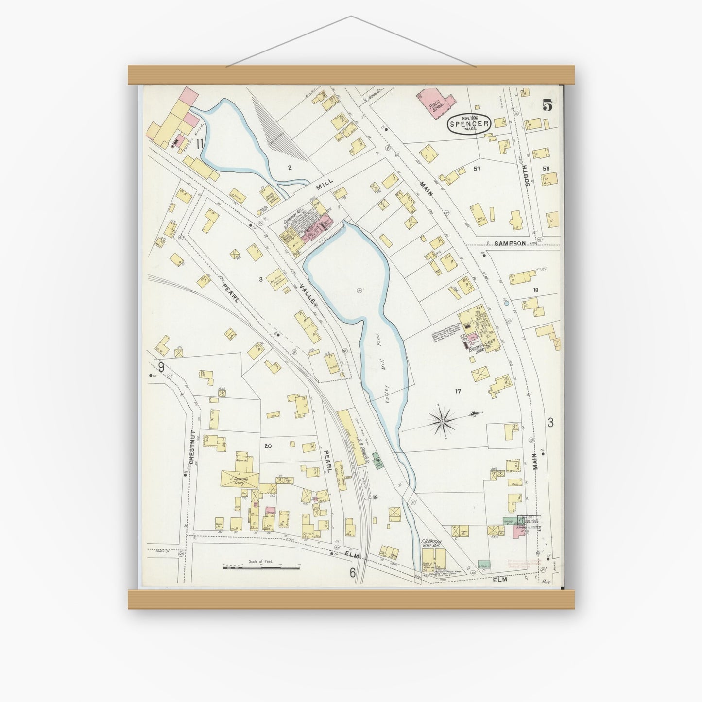 Old map wall art mockup — magnetic wood frame on white wall — Sanborn Fire Insurance Map from Spencer, Worcester County, Massachusetts (1896), Sheet #0005