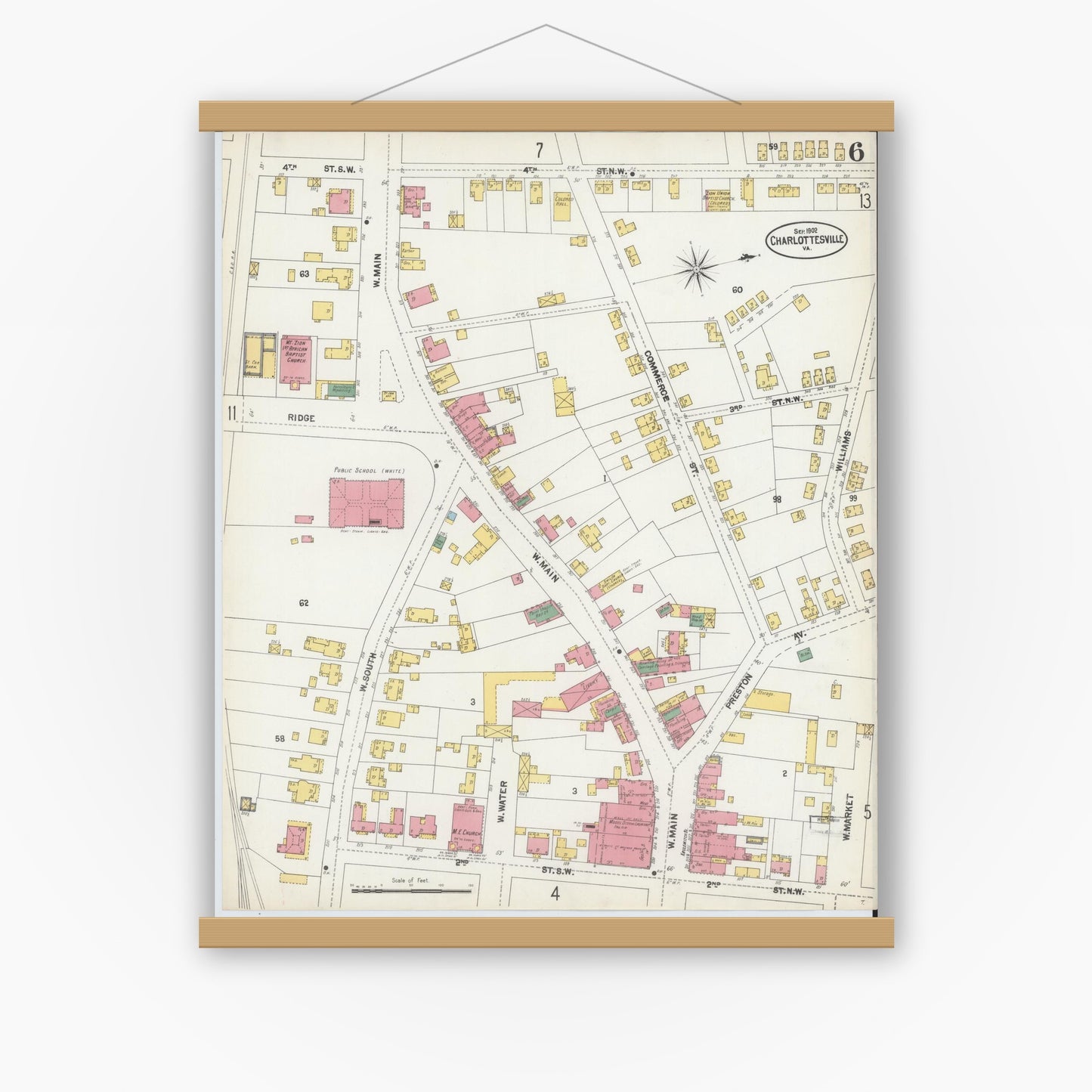 Old map wall art mockup — magnetic wood frame on white wall — Sanborn Fire Insurance Map from Charlottesville, Independent Cities, Virginia (1902), Sheet #0006