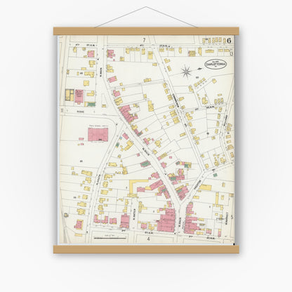 Old map wall art mockup — magnetic wood frame on white wall — Sanborn Fire Insurance Map from Charlottesville, Independent Cities, Virginia (1902), Sheet #0006