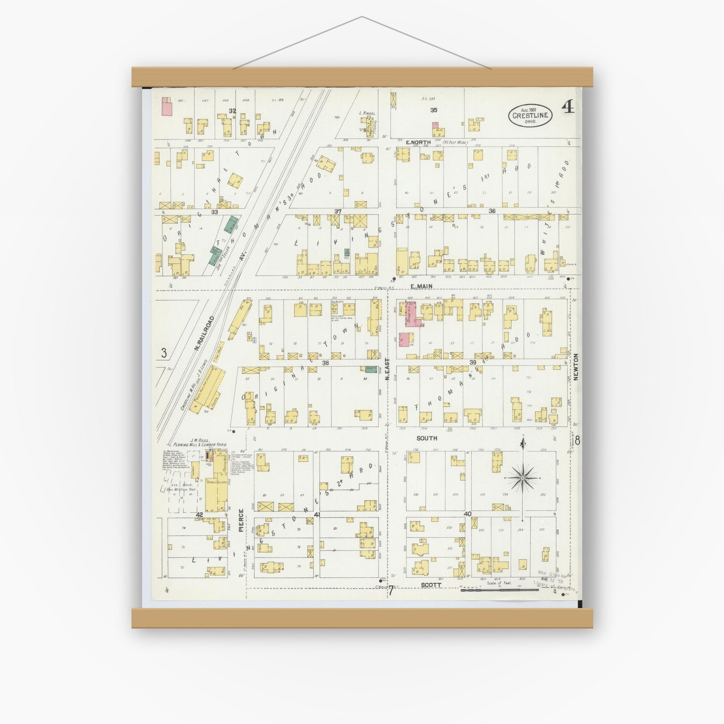Old map wall art mockup — magnetic wood frame on white wall — Sanborn Fire Insurance Map from Crestline, Crawford County, Ohio (1901), Sheet #0004