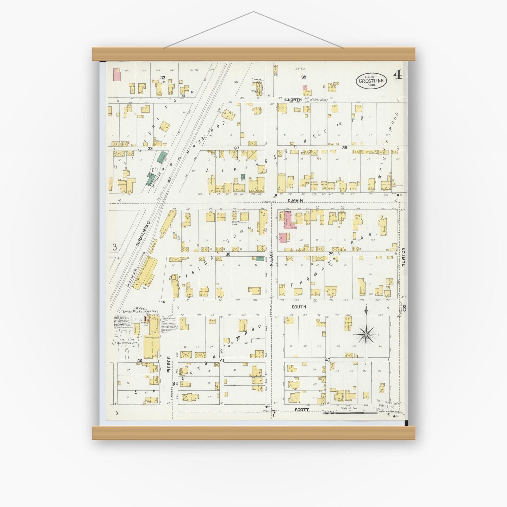 Old map wall art mockup — magnetic wood frame on white wall — Sanborn Fire Insurance Map from Crestline, Crawford County, Ohio (1901), Sheet #0004