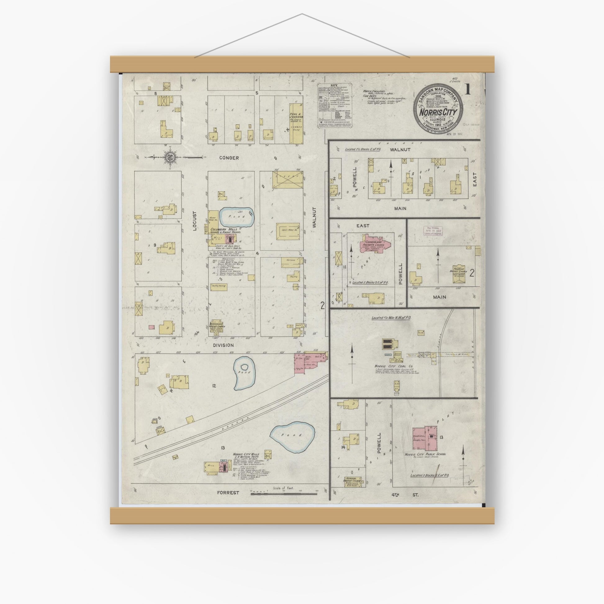 Old map wall art mockup — magnetic wood frame on white wall — Sanborn Fire Insurance Map from Norris City, White County, Illinois (1912), Sheet #0001