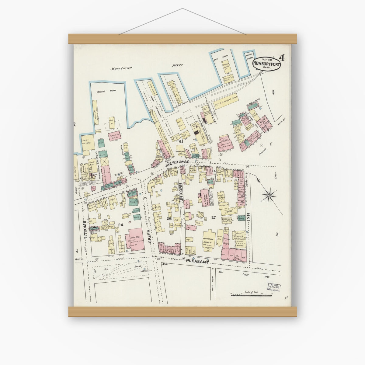 Old map wall art mockup — magnetic wood frame on white wall — Sanborn Fire Insurance Map from Newburyport, Essex County, Massachusetts (1888), Sheet #0004