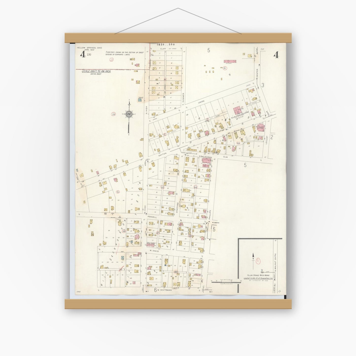 Old map wall art mockup — magnetic wood frame on white wall — Sanborn Fire Insurance Map from Yellow Springs, Greene County, Ohio (1945), Sheet #0004