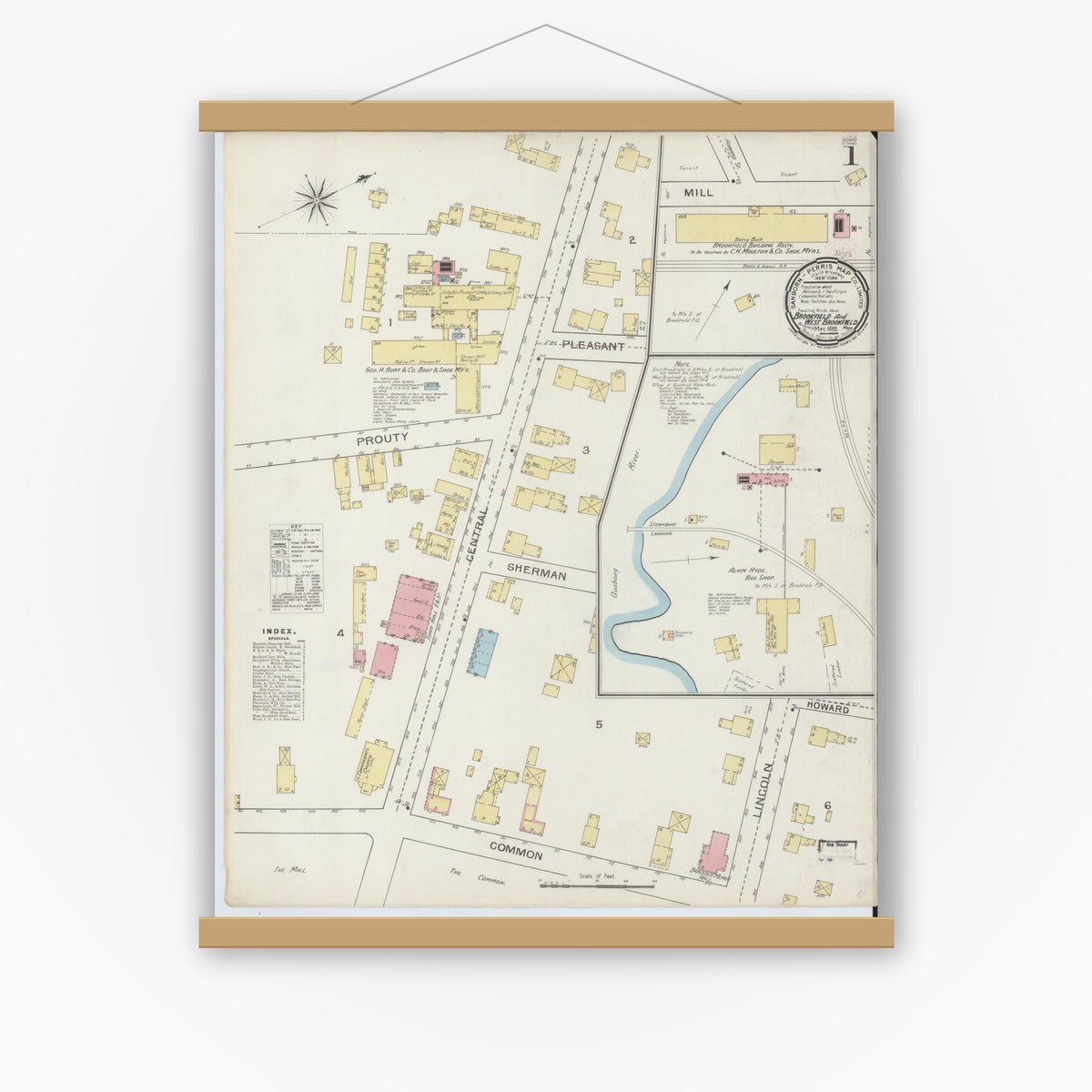 Old map wall art mockup — magnetic wood frame on white wall — Sanborn Fire Insurance Map from Brookfield, Worcester County, Massachusetts (1893), Sheet #0001