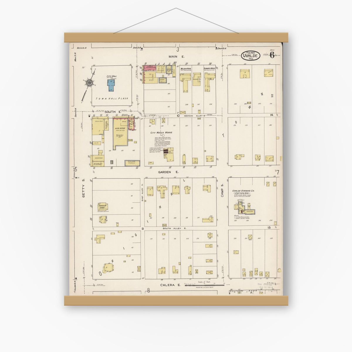 Old map wall art mockup — magnetic wood frame on white wall — Sanborn Fire Insurance Map from Uvalde, Uvalde County, Texas (1922), Sheet #0006