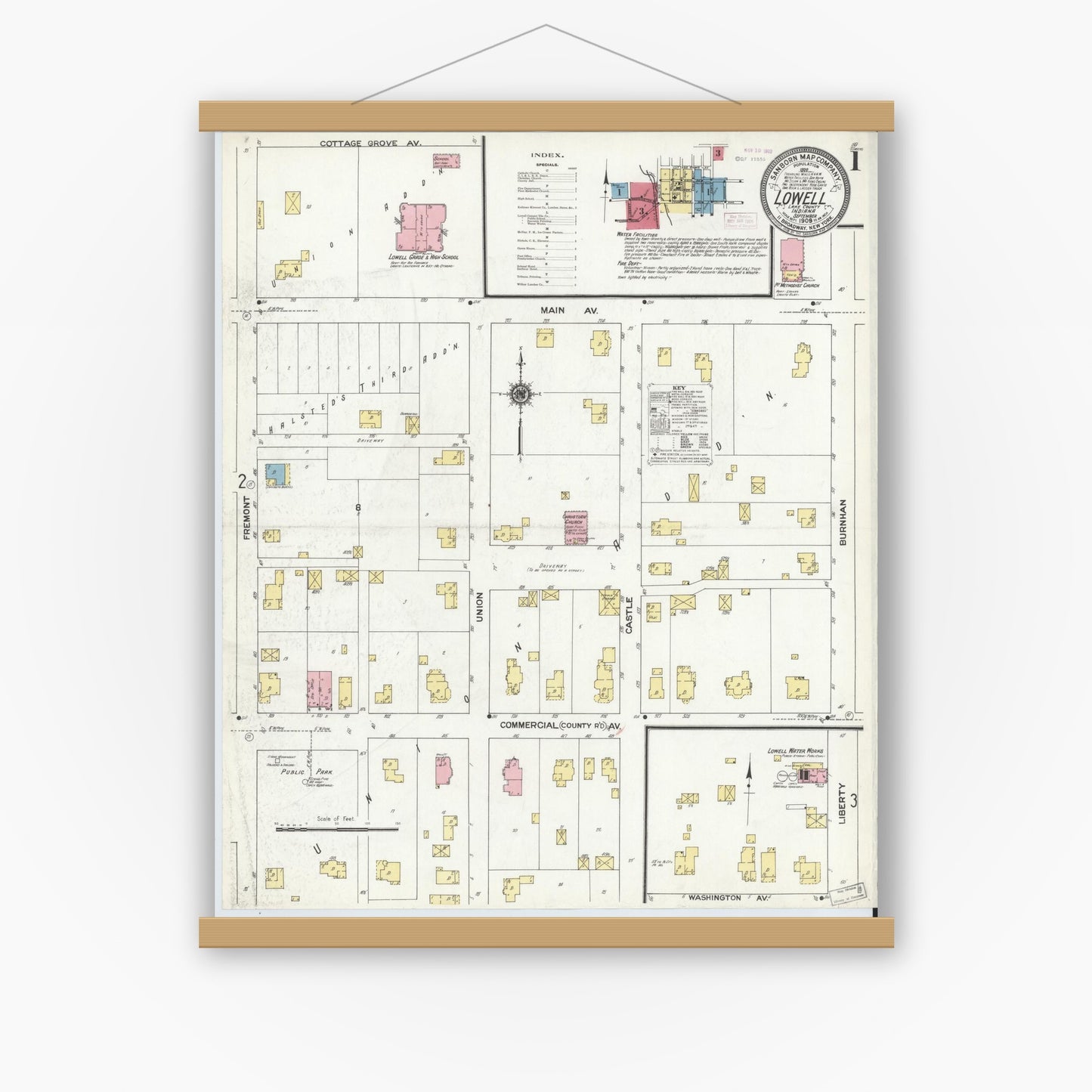 Old map wall art mockup — magnetic wood frame on white wall — Sanborn Fire Insurance Map from Lowell, Lake County, Indiana (1909) - Complete Map Set