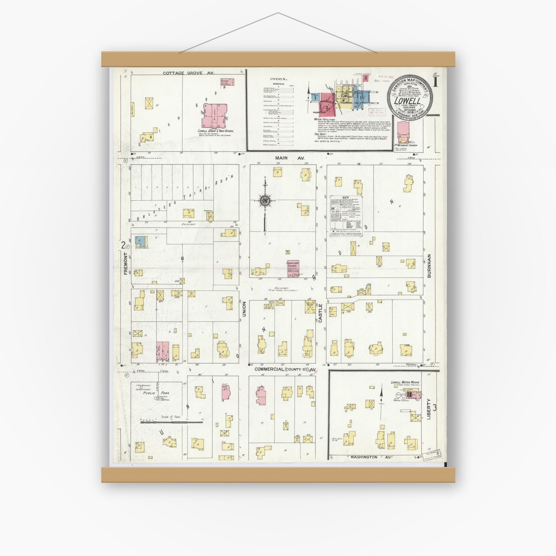Old map wall art mockup — magnetic wood frame on white wall — Sanborn Fire Insurance Map from Lowell, Lake County, Indiana (1909) - Complete Map Set