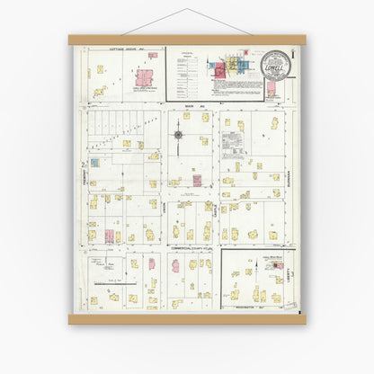 Old map wall art mockup — magnetic wood frame on white wall — Sanborn Fire Insurance Map from Lowell, Lake County, Indiana (1909) - Complete Map Set