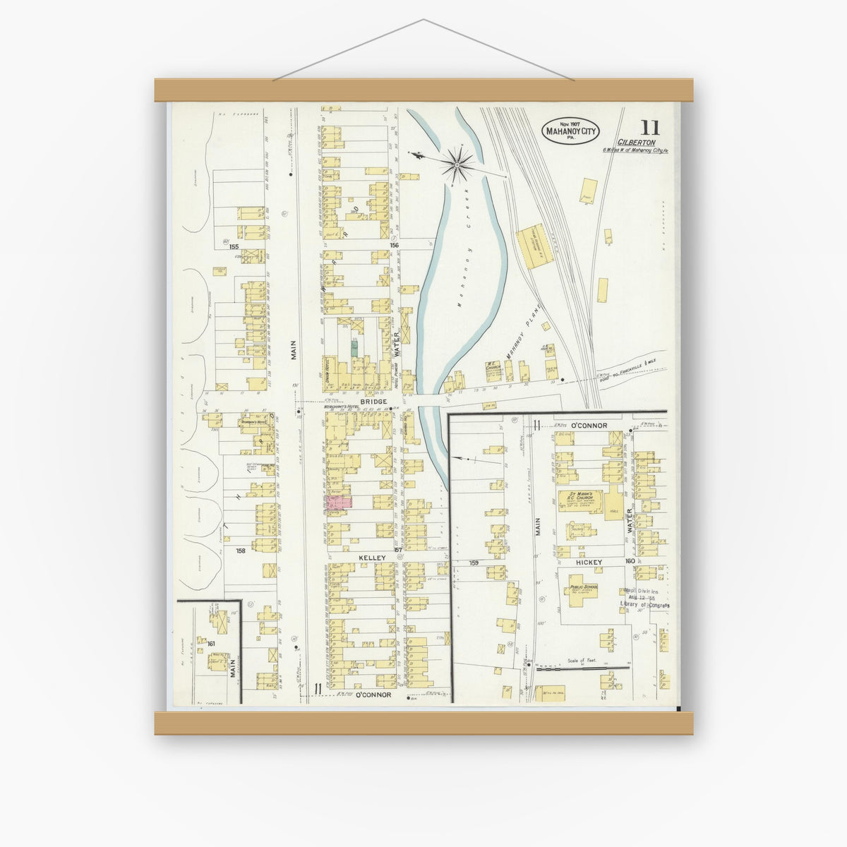 Old map wall art mockup — magnetic wood frame on white wall — Sanborn Fire Insurance Map from Mahanoy City, Schuylkill County, Pennsylvania (1907), Sheet #0011