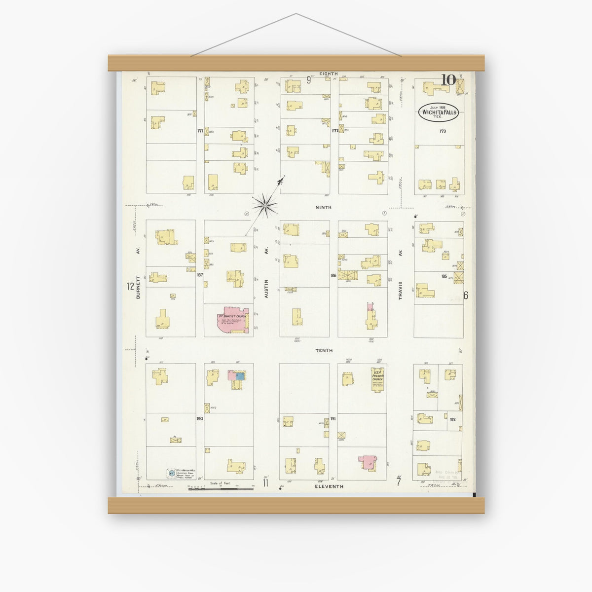 Old map wall art mockup — magnetic wood frame on white wall — Sanborn Fire Insurance Map from Wichita Falls, Wichita County, Texas (1908), Sheet #0010