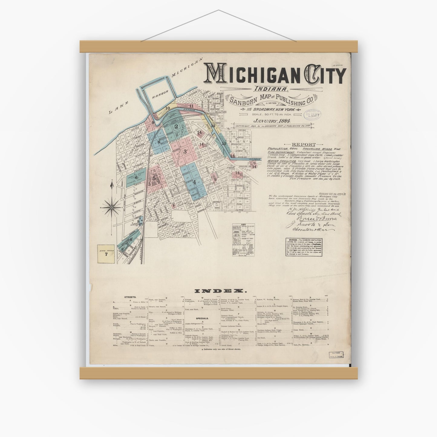 Old map wall art mockup — magnetic wood frame on white wall — Sanborn Fire Insurance Map from Michigan City, La Porte  County, Indiana (1884), Sheet #0001