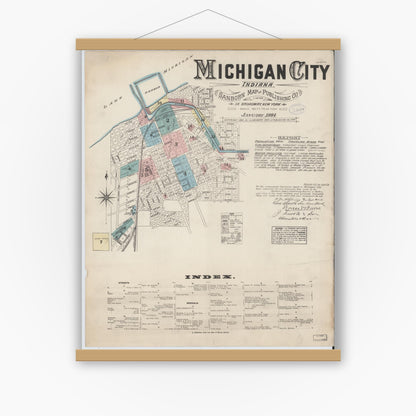 Old map wall art mockup — magnetic wood frame on white wall — Sanborn Fire Insurance Map from Michigan City, La Porte  County, Indiana (1884), Sheet #0001