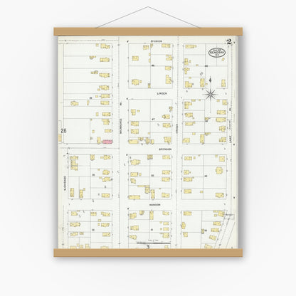 Old map wall art mockup — magnetic wood frame on white wall — Sanborn Fire Insurance Map from Kenosha, Kenosha County, Wisconsin (1905), Sheet #0002