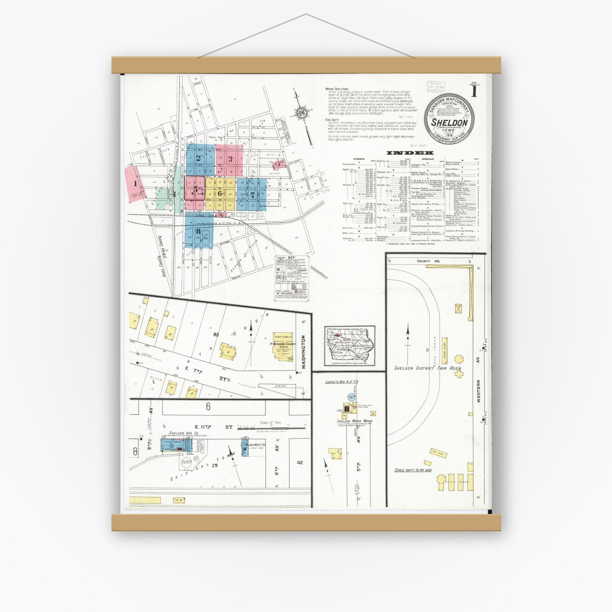 Old map wall art mockup — magnetic wood frame on white wall — Sanborn Fire Insurance Map from Sheldon, O'Brien County, Iowa (1918), Sheet #0001