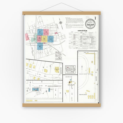 Old map wall art mockup — magnetic wood frame on white wall — Sanborn Fire Insurance Map from Sheldon, O'Brien County, Iowa (1918), Sheet #0001