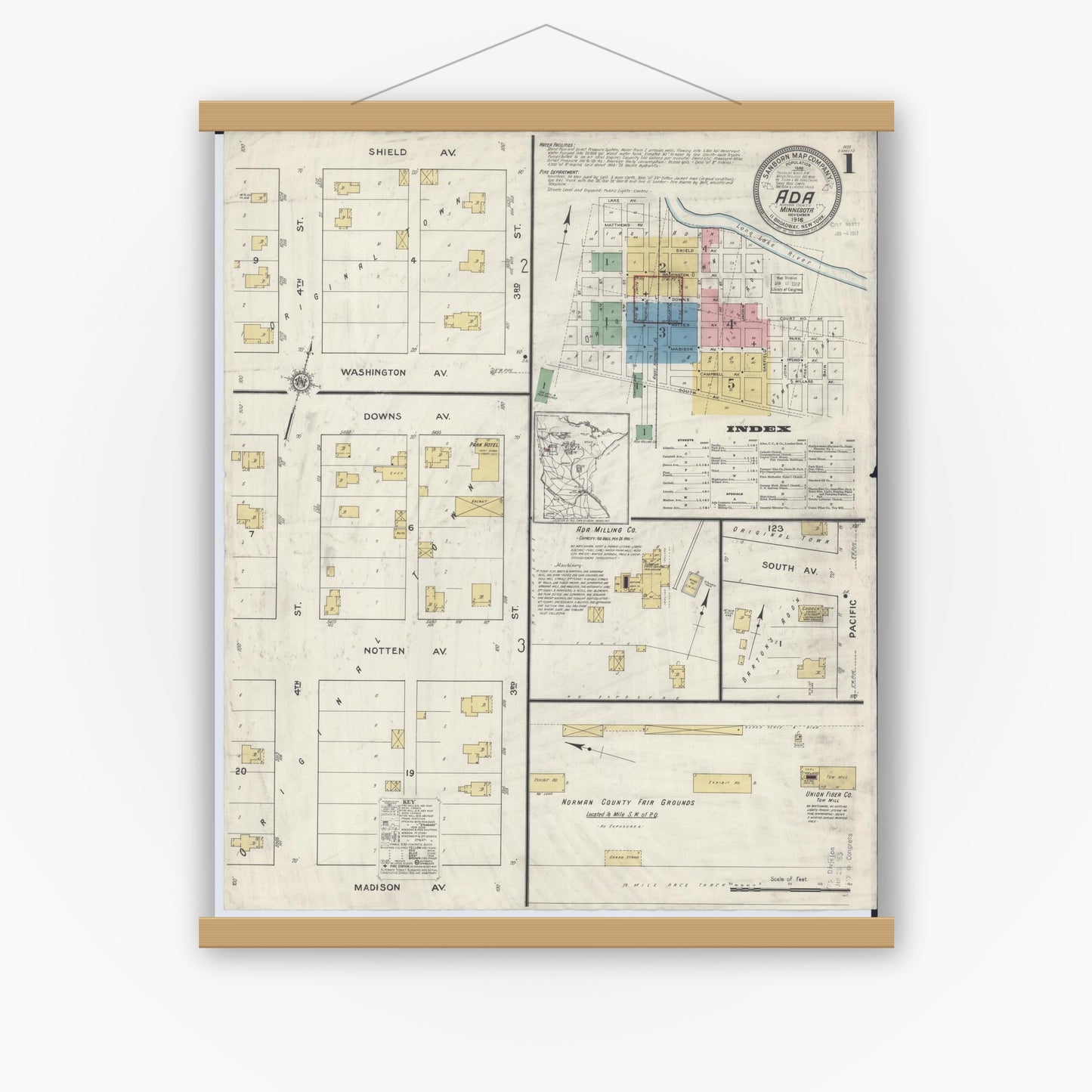 Old map wall art mockup — magnetic wood frame on white wall — Sanborn Fire Insurance Map from Ada, Norman County, Minnesota (1916), Sheet #0001
