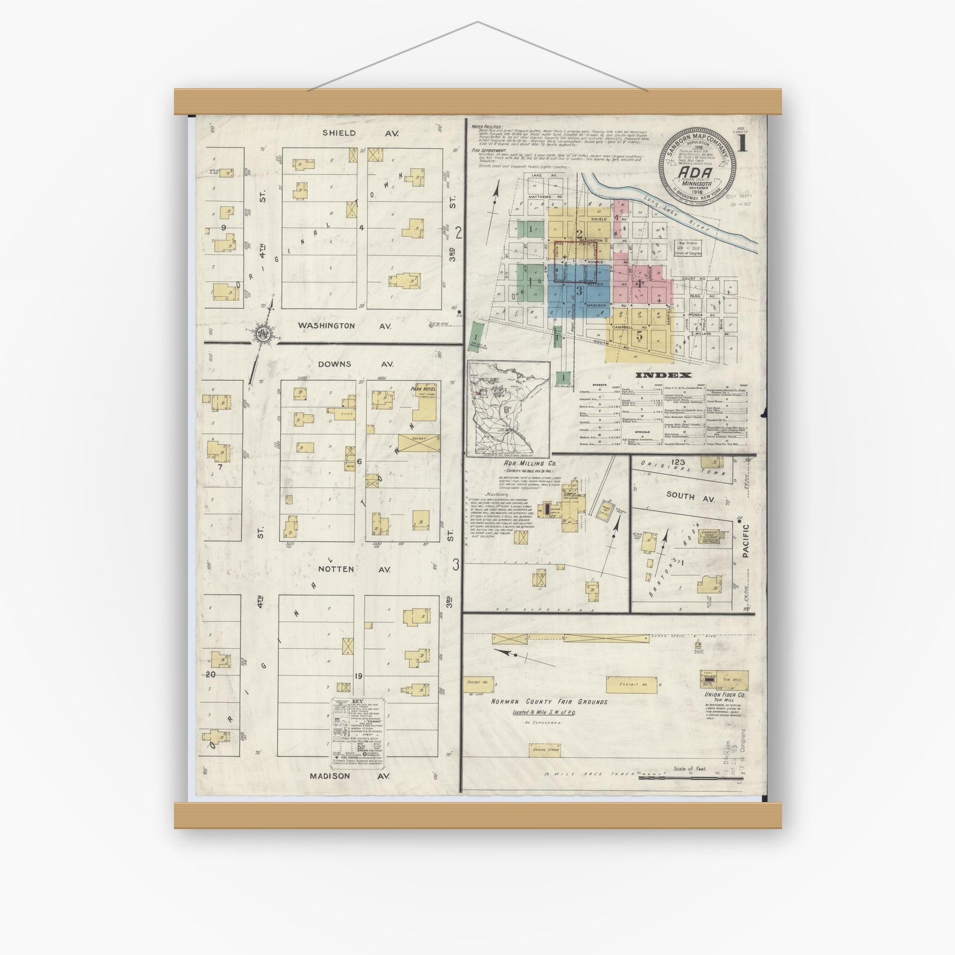 Old map wall art mockup — magnetic wood frame on white wall — Sanborn Fire Insurance Map from Ada, Norman County, Minnesota (1916), Sheet #0001